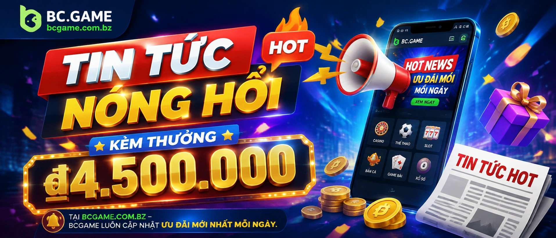 Giao diện Tin Tức bcgame trên nền tối, hiển thị các khối cập nhật và chuyên mục rõ ràng